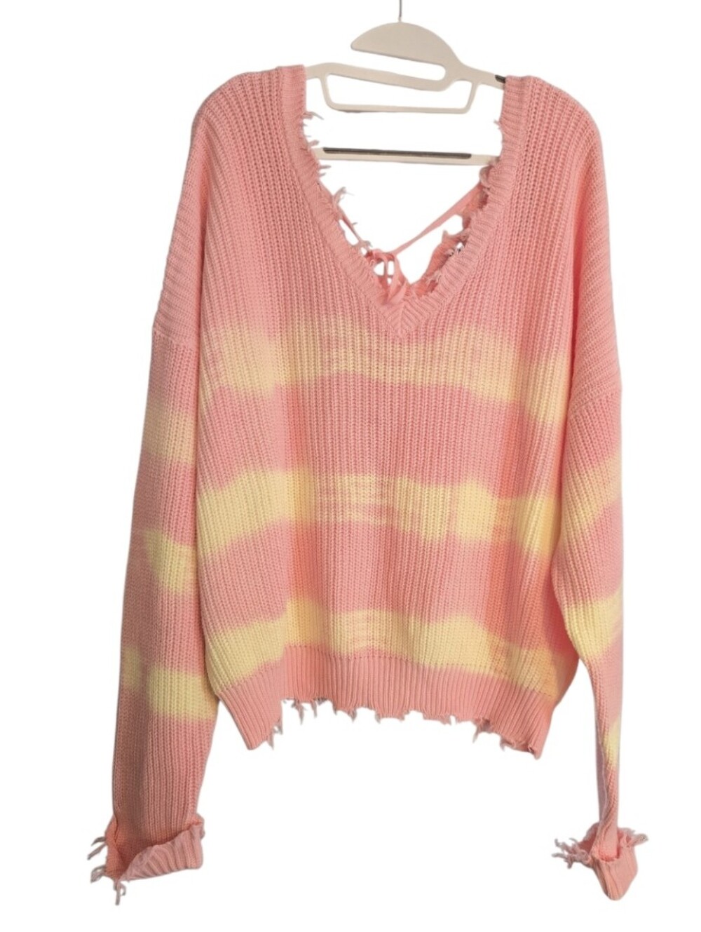 Forever 21 Pink and Yellow Striped Distressed V-Neck Sweater Size 2X NWT